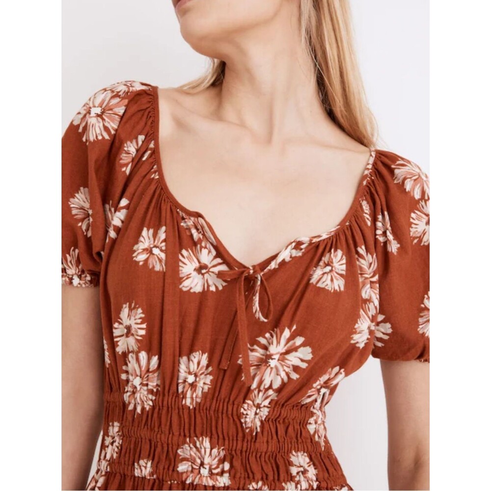 Madewell Linen-Blend Sophia Midi Dress Rust Floral Puff Sleeve Fall pockets Med - Picture 2 of 12